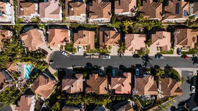 the aerial view of a suburban neighborhood